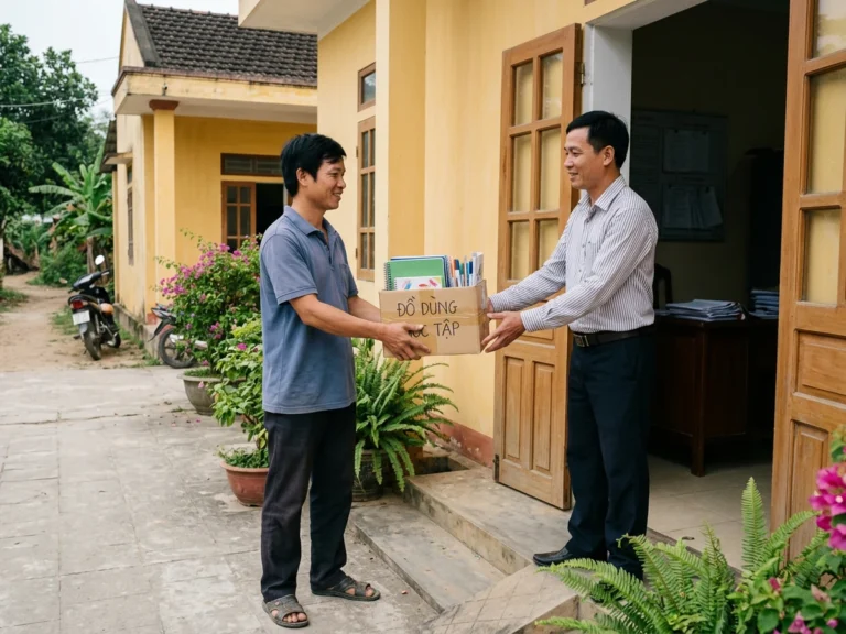 Nhân viên giao hàng trao thùng đồ dùng học tập cho cán bộ trước cửa trụ sở xã trên đường Lê Duẩn, xã Thạnh Hóa