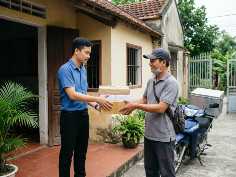 Nhân viên giao hàng đội mũ trao các hộp văn phòng phẩm cho người nhận trước hiên nhà trên đường Lý Thái Tổ, xã Long Thành