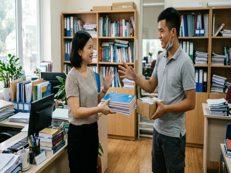 Nhân viên giao xấp tập học sinh và hộp bảng tên cho cán bộ phòng hành chính, đường Lý Thường Kiệt, phường Diên Hồng, Quận 10
