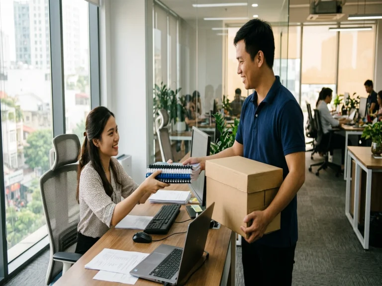 Nhân viên giao thùng hàng và gáy lò xo cho nhân viên văn phòng tại bàn làm việc, đường Nam Kỳ Khởi Nghĩa, phường Xuân Hòa, Quận 3