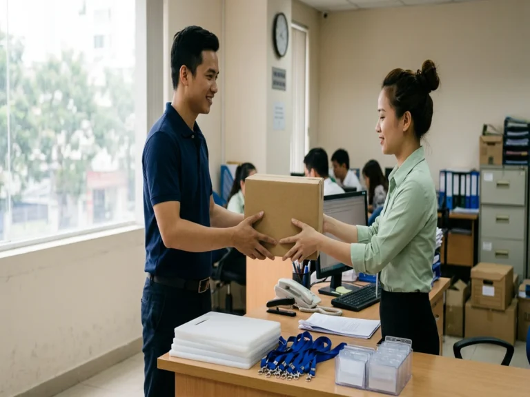 Nhân viên trao thùng hàng cho nhân viên hành chính, trên bàn có thớt nhựa, dây đeo và bao bảng tên, đường Nguyễn Hữu Thọ, xã Nhà Bè