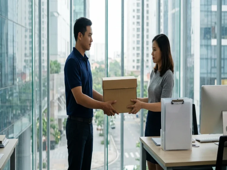Nhân viên trao thùng giấy in cho nhân viên văn phòng trong tòa nhà kính, đường Nguyễn Lương Bằng, phường Tân Mỹ