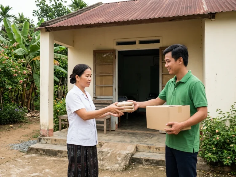 Nhân viên giao hàng trao giấy in và thùng hàng cho nhân viên trạm y tế trên đường Nguyễn Thị Định, xã Tân Thạnh