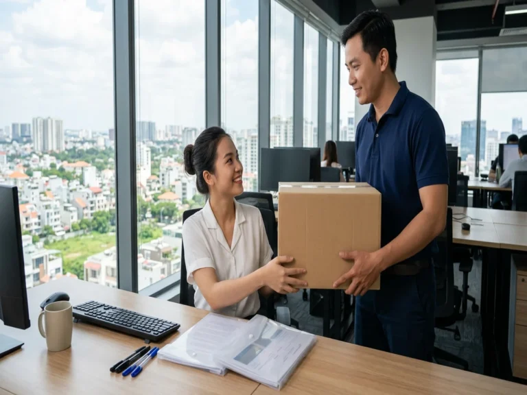Nhân viên giao thùng giấy in cho nhân viên văn phòng tại bàn làm việc, đường Nguyễn Văn Trỗi, phường Phú Nhuận