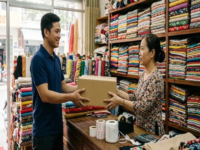 Nhân viên trao thùng hàng cho chủ tiệm vải, trên quầy có cuộn giấy dán giá và cuộn dây, đường Phú Thọ Hòa, phường Phú Thọ Hòa