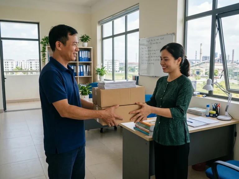 Nhân viên giao hàng trao thùng tập vở cho nữ giáo viên trong phòng làm việc, phường Bến Cát, KCN Mỹ Phước 1