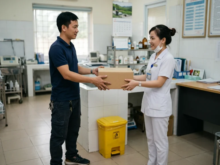 Nhân viên giao hàng trao thùng hàng cho điều dưỡng trong phòng y tế có thùng rác y tế màu vàng, phường Bến Cát, KCN Mỹ Phước 2
