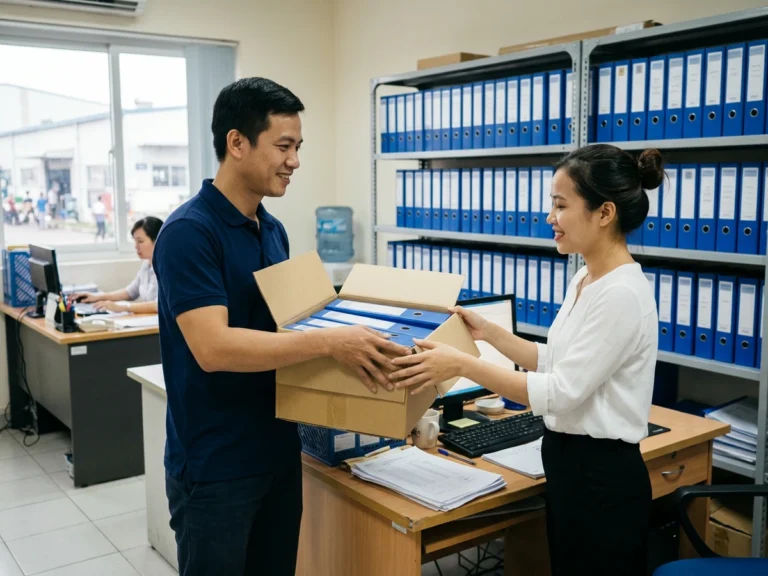 Nhân viên giao hàng trao thùng bìa còng xanh cho nhân viên văn phòng trước kệ hồ sơ, phường Bình Dương, KCN Đại Đăng