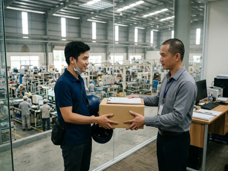 Nhân viên giao hàng trao thùng hàng kèm bìa trình ký cho quản lý trong phòng kính nhìn ra xưởng, phường Bình Dương, KCN Đồng An 2