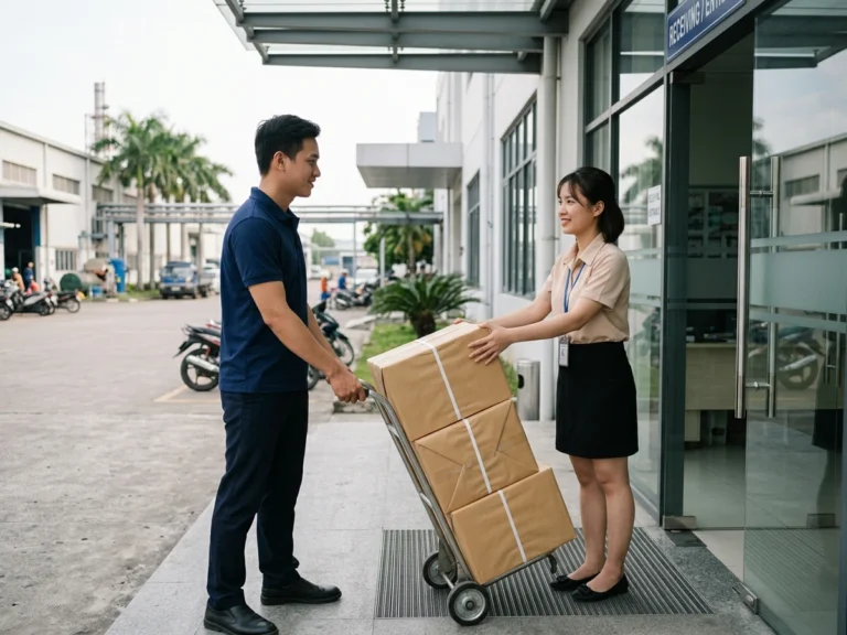 Nhân viên giao hàng đẩy xe chở ba thùng giấy in tới nhân viên hành chính trước cửa kính, phường Bình Dương, KCN Sóng Thần 3