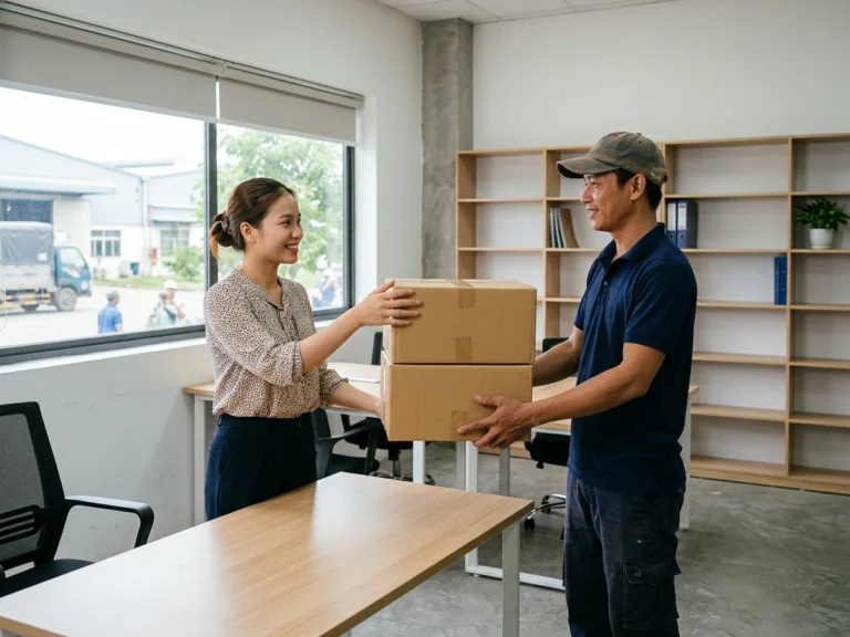 Nhân viên giao hàng trao hai thùng hàng cho nhân viên văn phòng trong phòng còn kệ trống, phường Dĩ An, KCN Sóng Thần 1