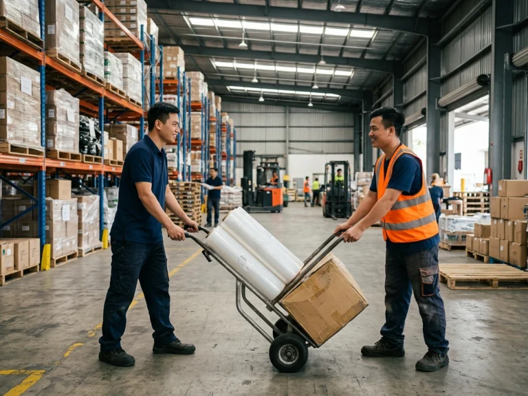Nhân viên giao hàng đẩy xe chở cuộn màng PE và thùng hàng tới nhân viên kho giữa các dãy kệ, phường Dĩ An, KCN Sóng Thần 2