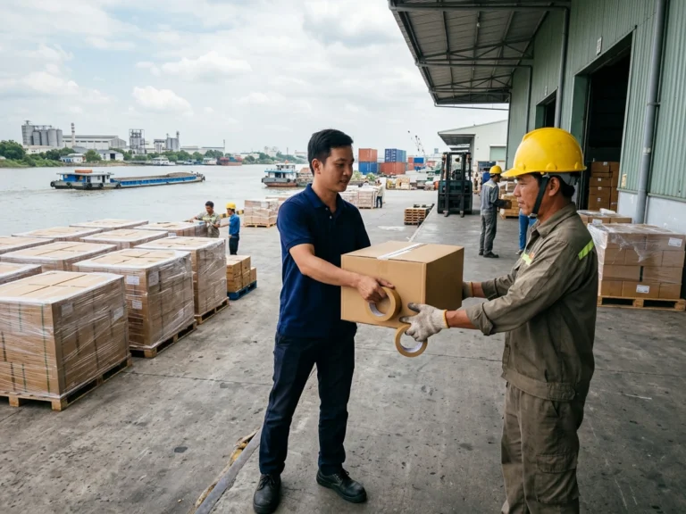 Nhân viên giao hàng trao thùng hàng và cuộn băng keo cho công nhân kho đội mũ vàng ở bãi pallet, phường Long Nguyên, KCN Rạch Bắp