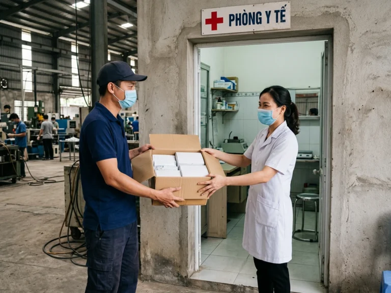 Nhân viên giao hàng trao thùng khẩu trang, găng tay cho nhân viên y tế ở cửa phòng y tế, phường Tân Đông Hiệp, KCN Tân Đông Hiệp B