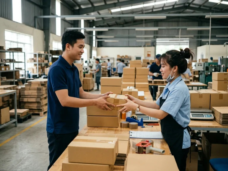Nhân viên giao hàng trao thùng hàng nhỏ cho nữ công nhân bên bàn đóng gói, phường Tân Hiệp, KCN Nam Tân Uyên