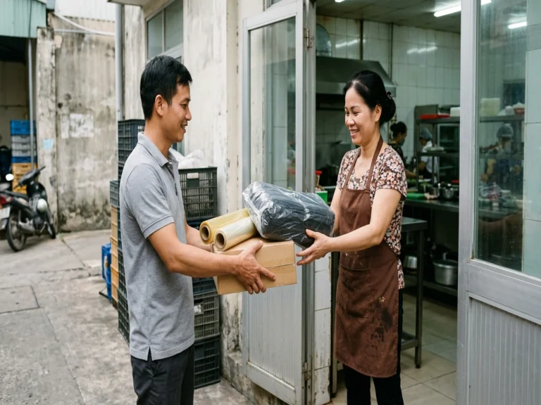 Nhân viên giao cuộn màng bọc thực phẩm và túi xốp đen cho cô phụ bếp ở cửa sau bếp ăn ca nhà máy, KCN Tân Tạo, phường Tân Tạo