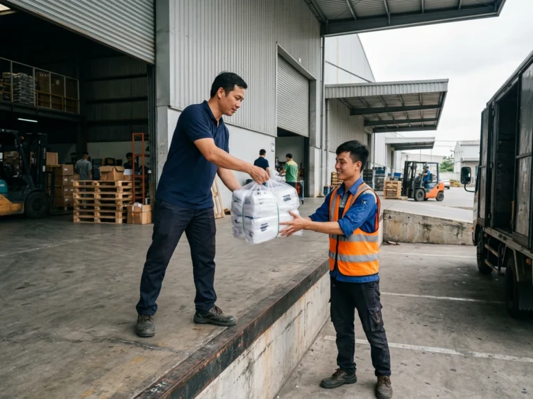 Nhân viên giao hàng trao gói túi nhựa cho công nhân kho mặc áo phản quang ở bến bốc hàng, phường Thới Hòa, KCN Mỹ Phước 3