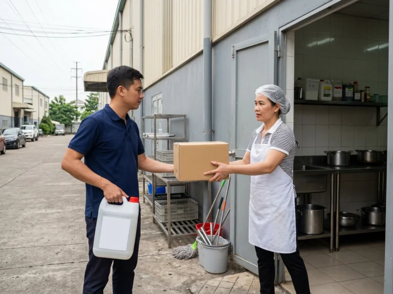 Nhân viên giao hàng trao thùng hàng và can nước rửa chén cho cô cấp dưỡng ở cửa sau bếp ăn, phường Vĩnh Tân, KCN Tân Bình