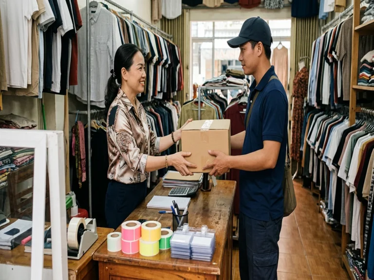 Nhân viên trao thùng hàng cho chủ shop quần áo tại quầy có cuộn giấy dán giá và bao bảng tên, đường Quang Trung, phường Thông Tây Hội