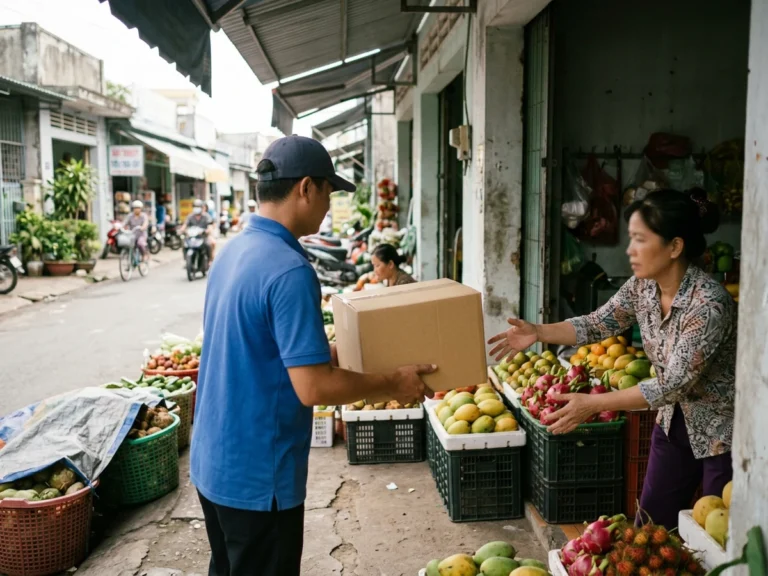 Nhân viên giao hàng trao thùng văn phòng phẩm cho người nhận ở cửa hàng trên Quốc lộ 1, phường Trung An, Tiền Giang