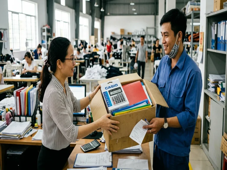 Kế toán nhà máy nhận thùng có máy tính Casio và bìa hồ sơ nhiều màu trên quốc lộ 1, xã Bến Lức