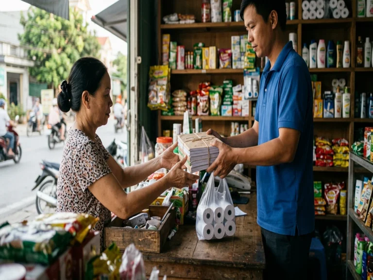 Nhân viên giao hàng áo xanh trao chồng tập buộc dây cho chủ tiệm tạp hóa, túi cuộn giấy in bill trên quầy, Quốc lộ 1, phường Xuân Lộc