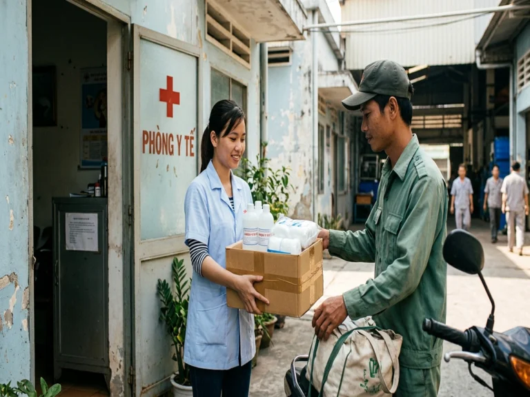 Nhân viên phòng y tế nhận thùng cồn và bông y tế trước cửa phòng trên Quốc lộ 13, phường Thới Hòa, Bến Cát