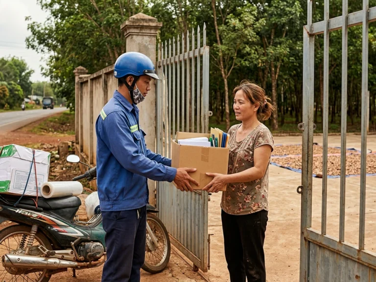 Nhân viên giao hàng đội mũ bảo hiểm xanh trao thùng carton đựng giấy và bút cho người phụ nữ ở cổng sắt cơ sở chế biến điều trên Quốc lộ 14, xã Bù Đăng; sân phơi hạt điều phía sau, xe máy chở thùng giấy A4 và cuộn màng PE