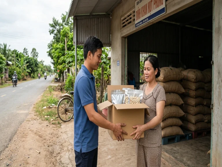 Nhân viên giao hàng trao thùng túi zip bạc, túi hạt điều cho chủ cơ sở điều có bao hạt xếp chồng, Quốc lộ 14, xã Nghĩa Trung