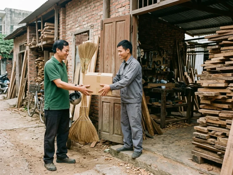 Nhân viên giao hàng áo xanh trao thùng hàng cho thợ xưởng gỗ, cạnh bó chổi, trên Quốc lộ 1A, phường Trảng Bom