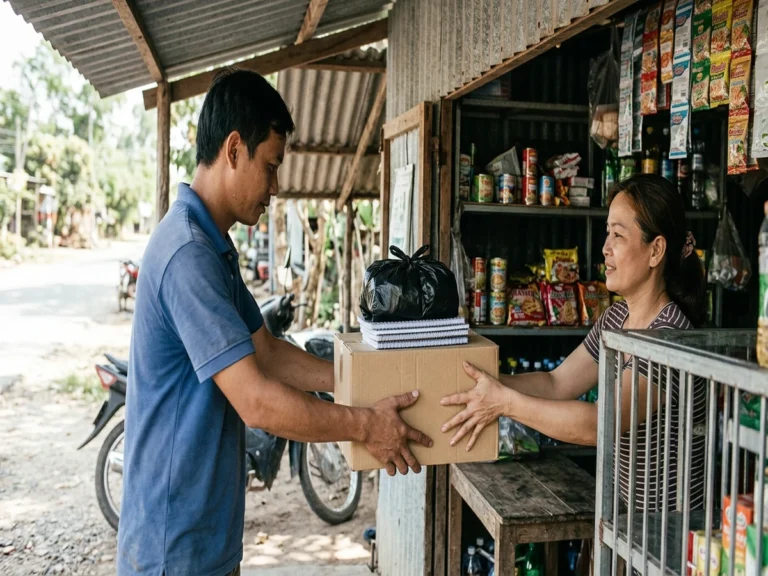 Nhân viên giao hàng áo xanh trao thùng hàng có xấp tập và túi xốp đen cho chủ quầy tạp hóa mái tôn, Quốc lộ 20, xã La Ngà