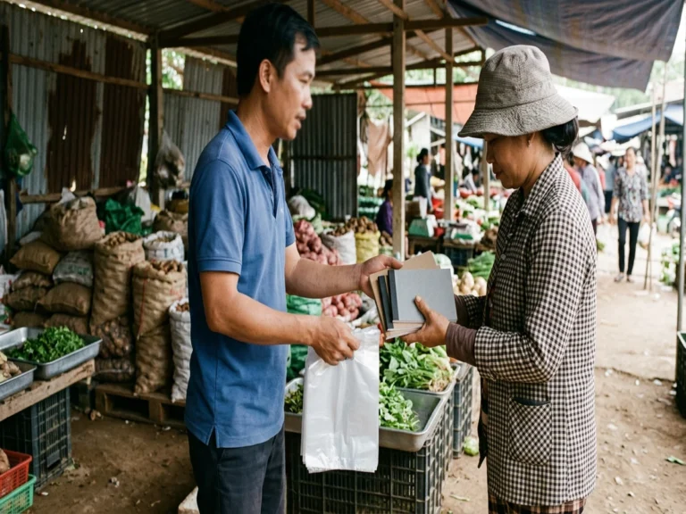 Nhân viên giao hàng áo xanh trao xấp sổ và túi nilon trong cho chủ sạp rau củ trong chợ, Quốc lộ 20, xã Phú Lâm