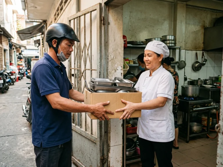 Nhân viên giao hàng trao thùng mâm inox cho đầu bếp bếp ăn công nhân ở KCN Tân Phú Trung, xã Củ Chi