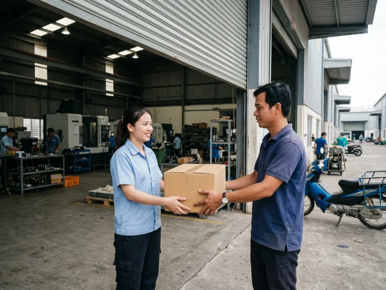 Nhân viên giao hàng trao thùng văn phòng phẩm cho nữ nhân viên trước cửa nhà xưởng, Quốc lộ 22, xã Tân An Hội, KCN Tây Bắc Củ Chi