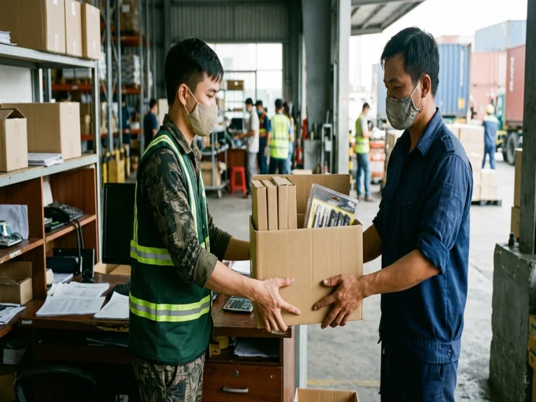 Nhân viên kho mặc áo phản quang nhận thùng bìa hộp và vỉ dao rọc giấy ở kho trên quốc lộ 51, phường Phú Mỹ