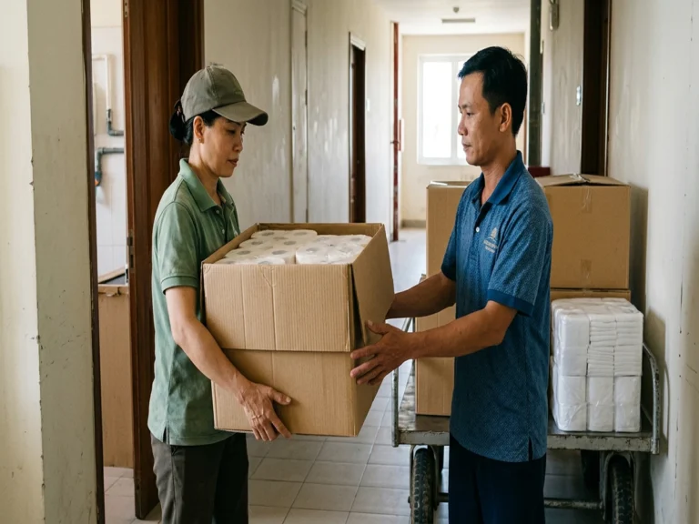 Nhân viên buồng phòng nhận thùng giấy vệ sinh cuộn lớn ở hành lang khu nghỉ dưỡng trên quốc lộ 55, xã Hồ Tràm