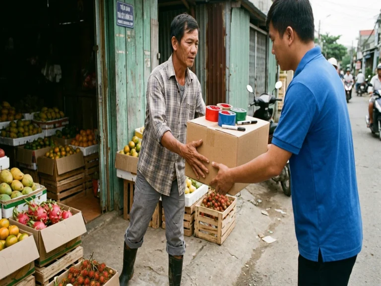 Nhân viên giao hàng áo xanh trao thùng hàng có cuộn băng keo màu và bút lông dầu cho chủ cửa hàng trái cây đi ủng, Quốc lộ 56, xã Cẩm Mỹ
