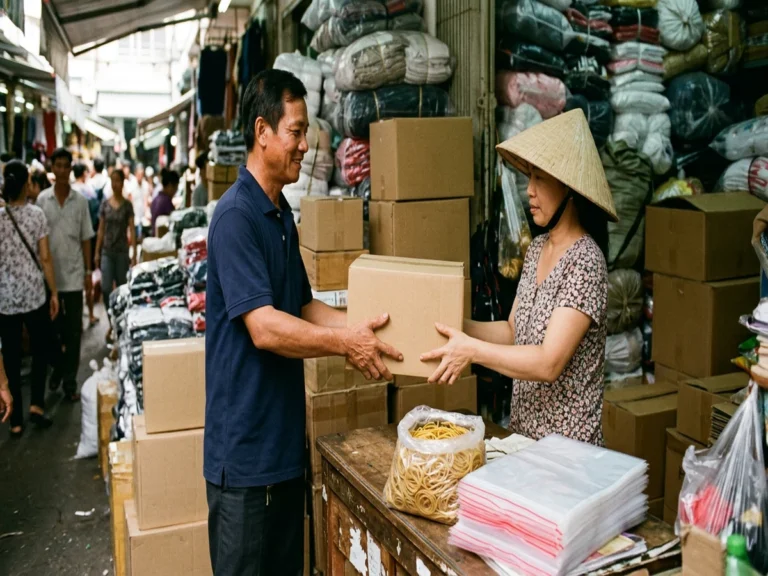 Nhân viên trao thùng hàng cho chủ sạp, trên sạp có bịch dây thun và xấp túi zip, đường Tháp Mười, phường Bình Tây
