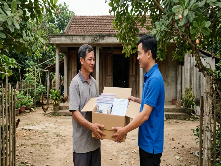 Nhân viên giao hàng trao thùng túi zip và tập phiếu cho chủ nhà vườn dưới tán cây điều, thôn Khắc Khoan, xã Phú Nghĩa