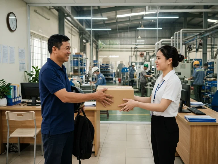 Nhân viên giao hàng trao thùng văn phòng phẩm cho nhân viên văn phòng nhà máy trên Tỉnh lộ 319, phường Nhơn Trạch