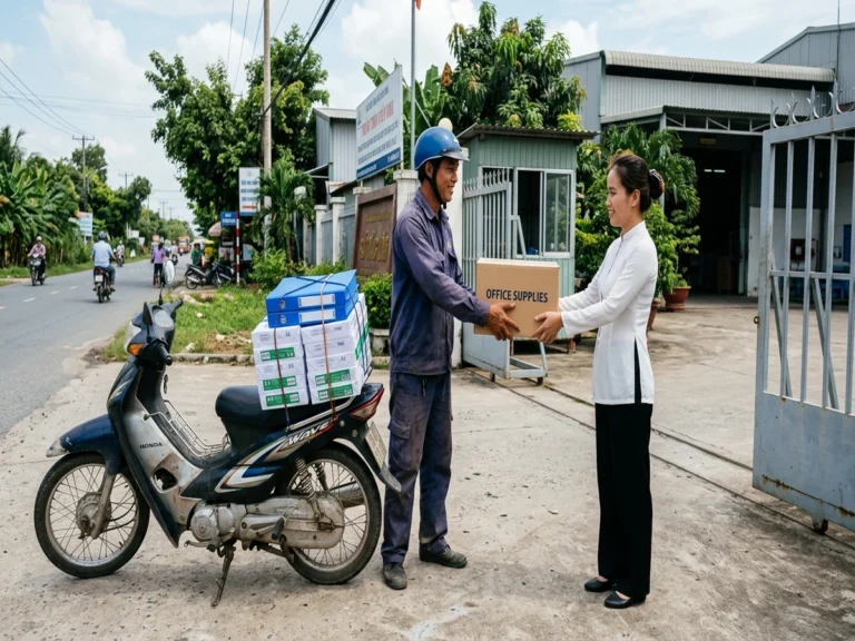 Nhân viên giao hàng đội mũ bảo hiểm xanh trao thùng carton văn phòng phẩm cho nữ nhân viên áo trắng trước cổng nhà xưởng trên Tỉnh lộ 319, phường Nhơn Trạch, cạnh xe máy chở ram giấy A4 và bìa hồ sơ xanh