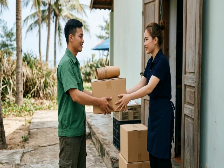 Nhân viên nhà hàng nhận thùng hàng và chồng ly giấy ở cửa sau quán ven biển trên tỉnh lộ 44A, xã Phước Hải