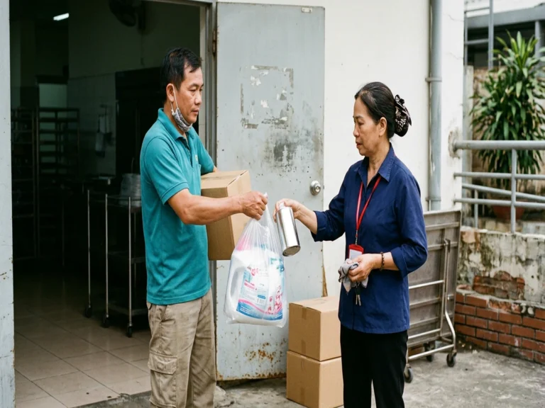 Tổ trưởng tạp vụ nhận túi bột giặt và bình nước rửa tay ở cửa sau nhà ăn nhà máy trên tỉnh lộ 825, xã Đức Hòa