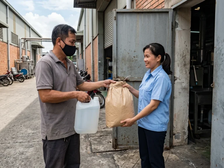 Nhân viên giao hàng trao bao bột giặt và can nhựa 5 lít cho nhân viên nhà xưởng trên tỉnh lộ 826, xã Rạch Kiến, Cần Đước