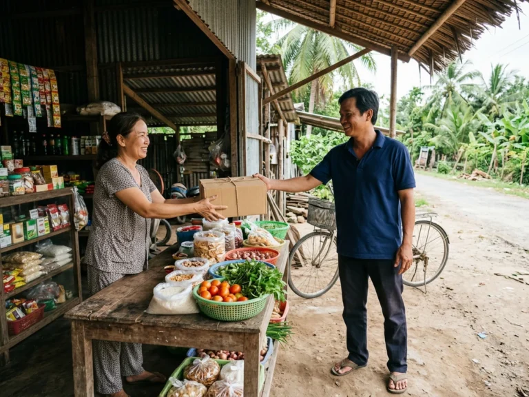 Nhân viên giao hàng trao thùng hàng cho chủ tiệm tạp hóa tại quầy trên tỉnh lộ 832, xã Nhựt Tảo, Tân Trụ