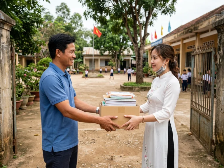 Nhân viên giao hàng trao thùng tập vở cho cô giáo áo dài trắng ở cổng trường trên tỉnh lộ 839, xã Đông Thành, Đức Huệ