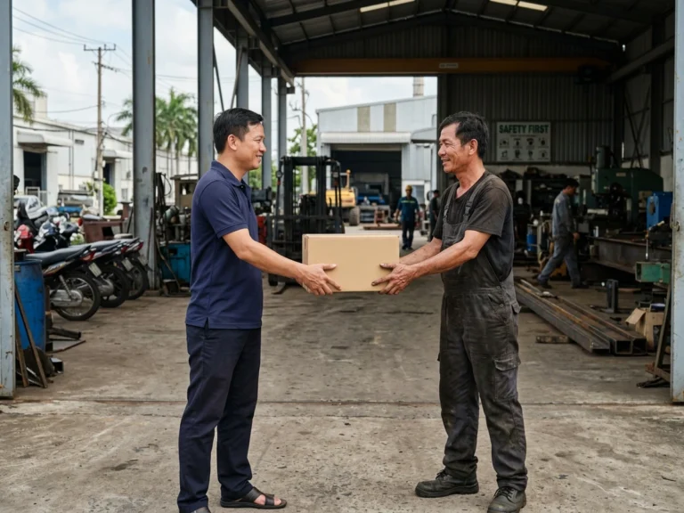 Nhân viên giao hàng trao thùng hàng cho thợ máy mặc đồ bảo hộ trước cửa xưởng, xã Bắc Tân Uyên, KCN Đất Cuốc