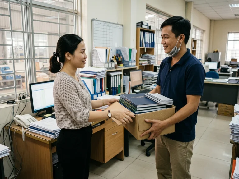 Nhân viên giao hàng trao thùng sổ sách cho nhân viên kế toán bên bàn làm việc, xã Bàu Bàng, KCN Bàu Bàng