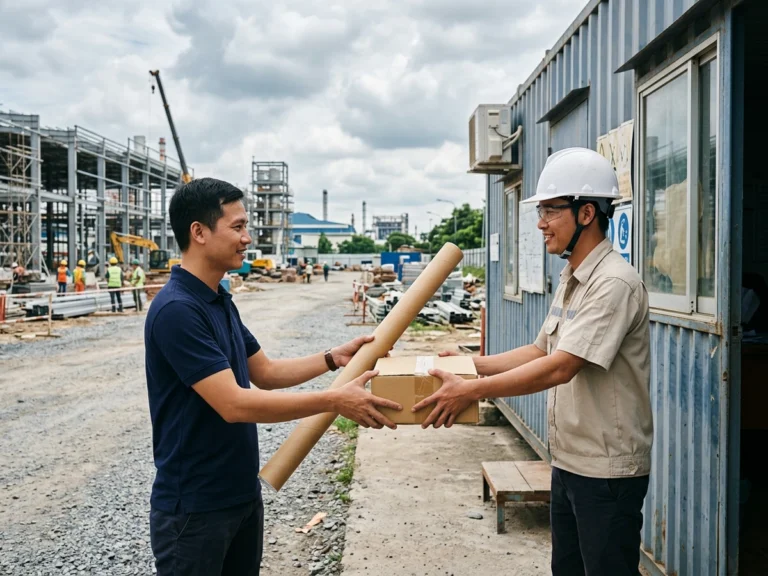 Nhân viên giao hàng trao ống giấy cuộn và thùng hàng cho kỹ sư đội mũ bảo hộ trước container văn phòng công trường, xã Trừ Văn Thố, KCN Cây Trường