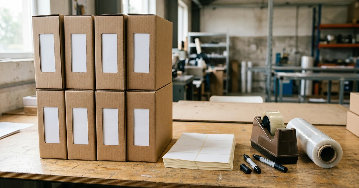 Hộp carton lưu hồ sơ có khung nhãn trắng xếp trên bàn xưởng, bên cạnh xấp giấy decal trắng, hai bút lông dầu, bàn cắt băng keo và cuộn màng PE